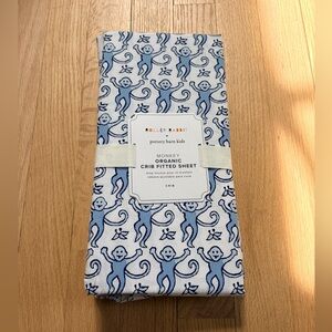 Roller Rabbit x Pottery Barn Kids Monkey Organic Crib Fitted Sheet - Blue White
